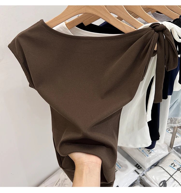 Trendy High Street Solid Color Bow Tie Asymmetric Shoulder T-shirt 2026 Summer Women Tshirt Sexy Fashion Slim Fit Tees Crop Top Trendy High Street Solid Color Bow Tie Asymmetric Shoulder T-shirt 2026 Summer Women Tshirt Sexy Fashion Slim Fit Tees Crop Top