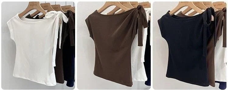 Trendy High Street Solid Color Bow Tie Asymmetric Shoulder T-shirt 2026 Summer Women Tshirt Sexy Fashion Slim Fit Tees Crop Top Trendy High Street Solid Color Bow Tie Asymmetric Shoulder T-shirt 2026 Summer Women Tshirt Sexy Fashion Slim Fit Tees Crop Top
