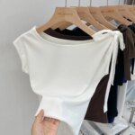 Trendy High Street Solid Color Bow Tie Asymmetric Shoulder T-shirt 2026 Summer Women Tshirt Sexy Fashion Slim Fit Tees Crop Top - Image 2