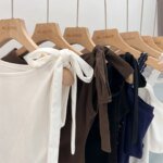 Trendy High Street Solid Color Bow Tie Asymmetric Shoulder T-shirt 2026 Summer Women Tshirt Sexy Fashion Slim Fit Tees Crop Top - Image 5
