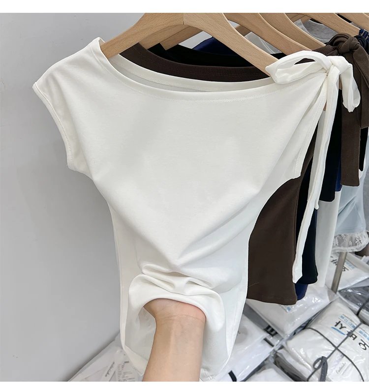Trendy High Street Solid Color Bow Tie Asymmetric Shoulder T-shirt 2026 Summer Women Tshirt Sexy Fashion Slim Fit Tees Crop Top Trendy High Street Solid Color Bow Tie Asymmetric Shoulder T-shirt 2026 Summer Women Tshirt Sexy Fashion Slim Fit Tees Crop Top