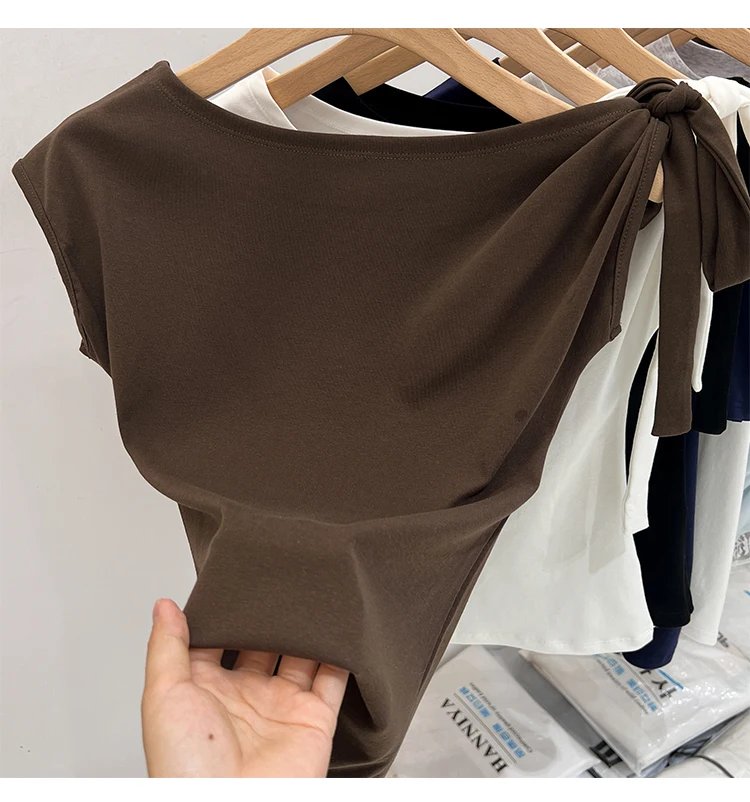 Trendy High Street Solid Color Bow Tie Asymmetric Shoulder T-shirt 2026 Summer Women Tshirt Sexy Fashion Slim Fit Tees Crop Top Trendy High Street Solid Color Bow Tie Asymmetric Shoulder T-shirt 2026 Summer Women Tshirt Sexy Fashion Slim Fit Tees Crop Top