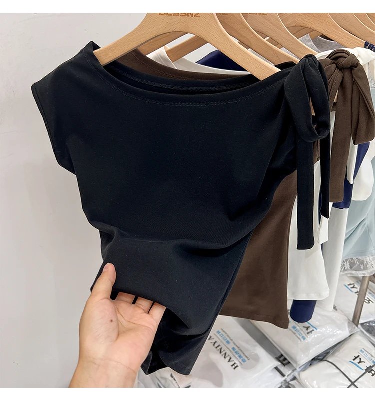 Trendy High Street Solid Color Bow Tie Asymmetric Shoulder T-shirt 2026 Summer Women Tshirt Sexy Fashion Slim Fit Tees Crop Top Trendy High Street Solid Color Bow Tie Asymmetric Shoulder T-shirt 2026 Summer Women Tshirt Sexy Fashion Slim Fit Tees Crop Top