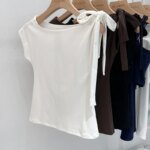 Trendy High Street Solid Color Bow Tie Asymmetric Shoulder T-shirt 2026 Summer Women Tshirt Sexy Fashion Slim Fit Tees Crop Top - Image 4