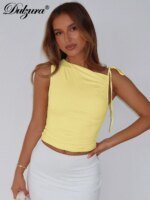 Dulzura Sleeveless Skew Collar Ruched Lace Up Bodycon Crop Top Sexy Elegant Casual Tank Party Club Streetwear Spring Summer - Image 3
