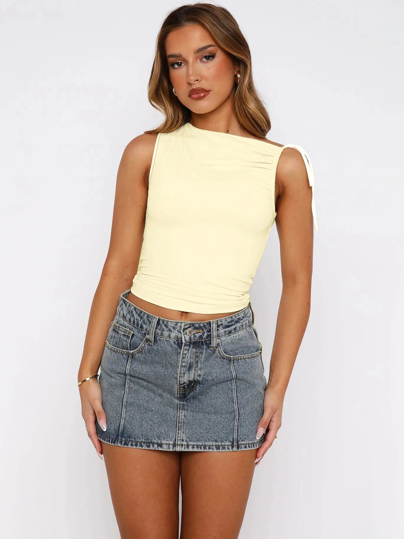 Dulzura Sleeveless Skew Collar Ruched Lace Up Bodycon Crop Top Sexy Elegant Casual Tank Party Club Streetwear Spring Summer Dulzura Sleeveless Skew Collar Ruched Lace Up Bodycon Crop Top Sexy Elegant Casual Tank Party Club Streetwear Spring Summer