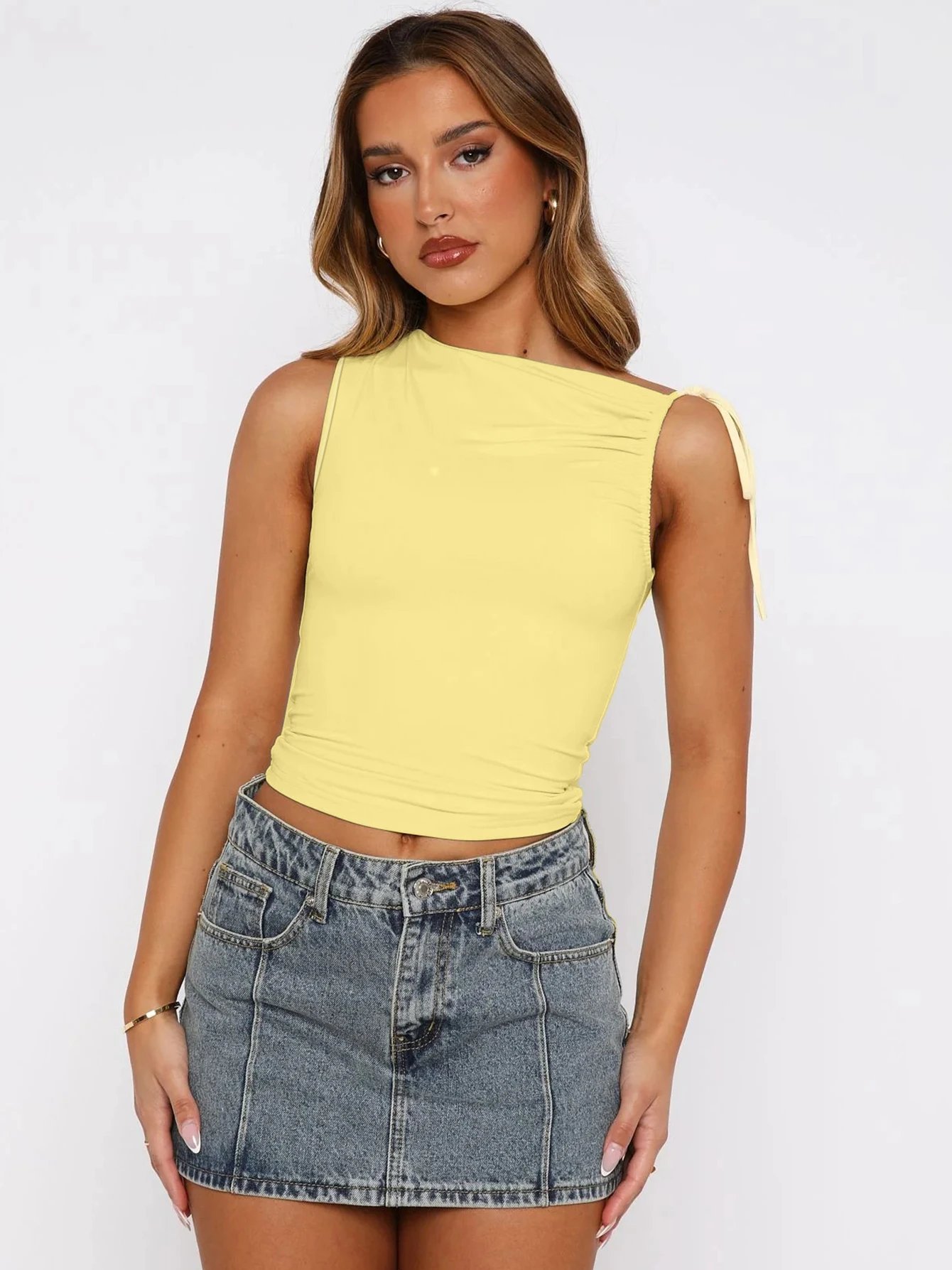 Dulzura Sleeveless Skew Collar Ruched Lace Up Bodycon Crop Top Sexy Elegant Casual Tank Party Club Streetwear Spring Summer Dulzura Sleeveless Skew Collar Ruched Lace Up Bodycon Crop Top Sexy Elegant Casual Tank Party Club Streetwear Spring Summer