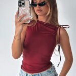 Dulzura Sleeveless Skew Collar Ruched Lace Up Bodycon Crop Top Sexy Elegant Casual Tank Party Club Streetwear Spring Summer