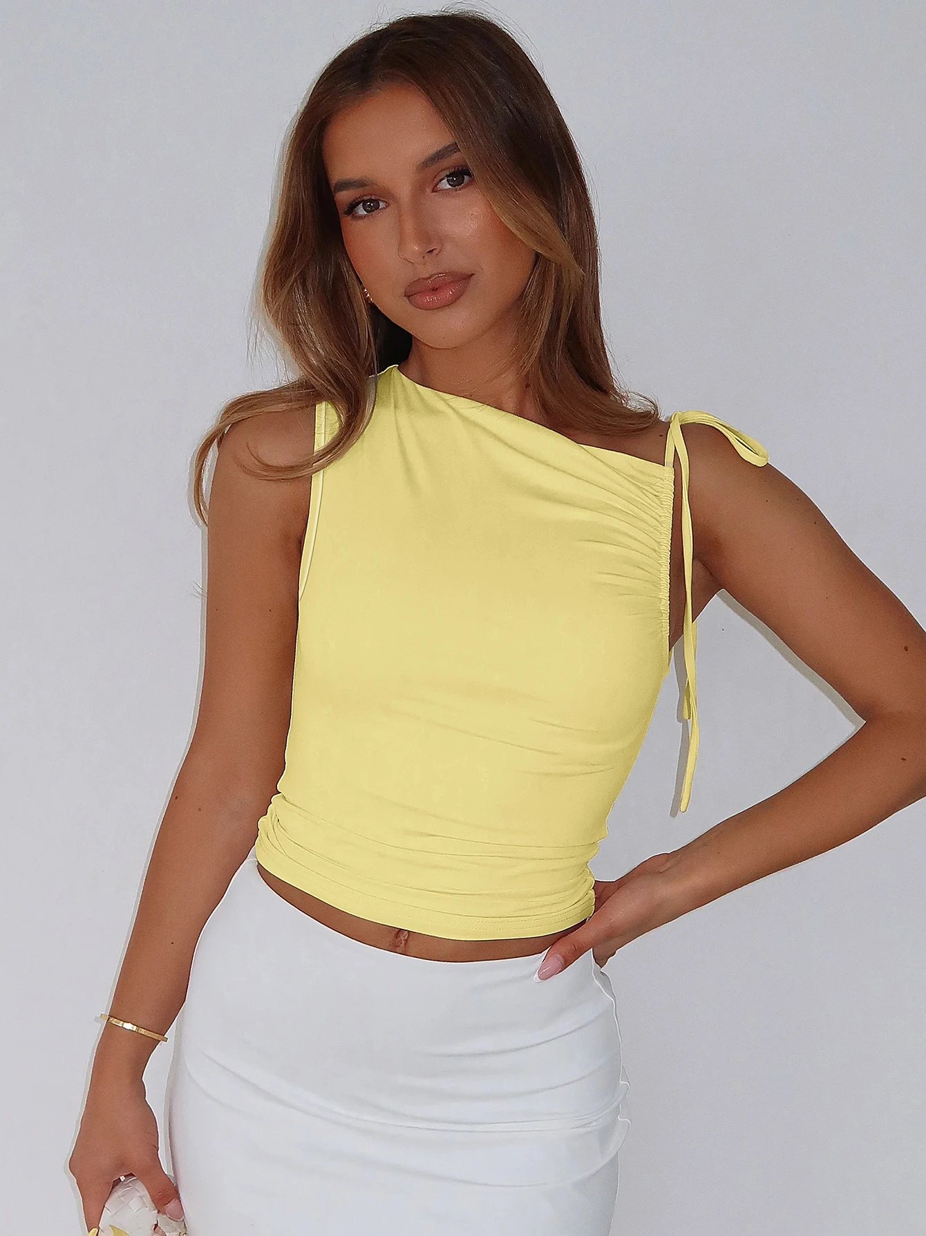 Dulzura Sleeveless Skew Collar Ruched Lace Up Bodycon Crop Top Sexy Elegant Casual Tank Party Club Streetwear Spring Summer Dulzura Sleeveless Skew Collar Ruched Lace Up Bodycon Crop Top Sexy Elegant Casual Tank Party Club Streetwear Spring Summer
