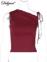 Dulzura Sleeveless Skew Collar Ruched Lace Up Bodycon Crop Top Sexy Elegant Casual Tank Party Club Streetwear Spring Summer - Image 6