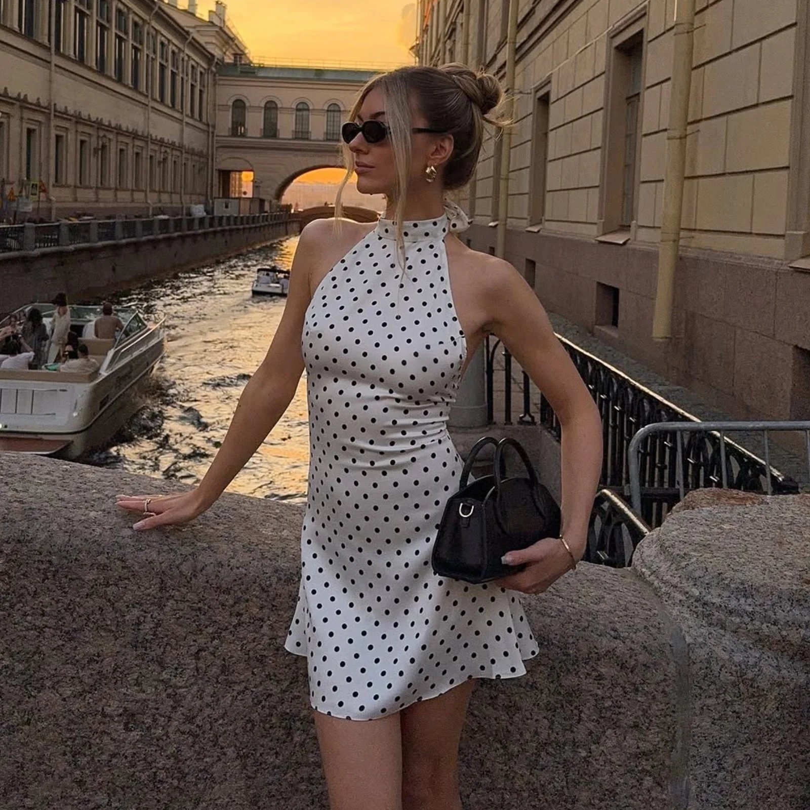 Polka Dot Elegant Off Shoulder Sleeveless Backless High Waist Halter Mini Dress Y2K Summer Fashion Club Party Vestidos Polka Dot Elegant Off Shoulder Sleeveless Backless High Waist Halter Mini Dress Y2K Summer Fashion Club Party Vestidos