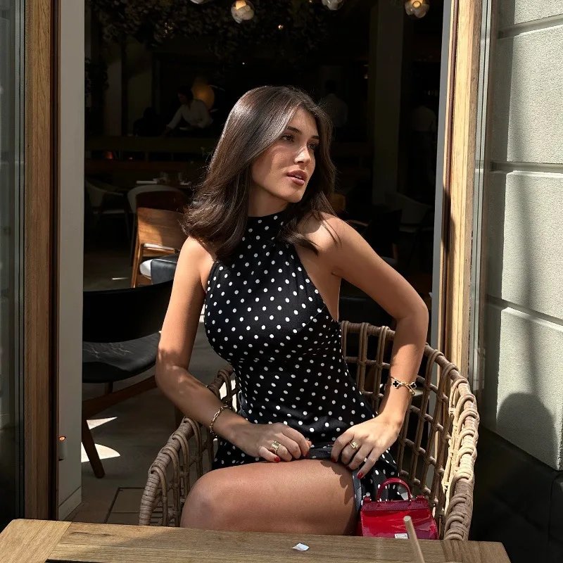 Polka Dot Elegant Off Shoulder Sleeveless Backless High Waist Halter Mini Dress Y2K Summer Fashion Club Party Vestidos Polka Dot Elegant Off Shoulder Sleeveless Backless High Waist Halter Mini Dress Y2K Summer Fashion Club Party Vestidos