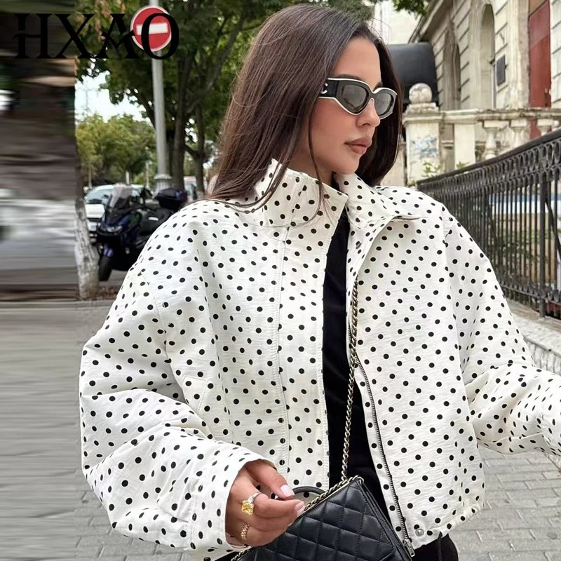 HXAO Polka Dot Bomber Jacket Women's Jackets Demi-Season Oversized Long Sleeve Top Outerwear Aviator Plus Size Zip Up Crop Coats HXAO Polka Dot Bomber Jacket Women's Jackets Demi-Season Oversized Long Sleeve Top Outerwear Aviator Plus Size Zip Up Crop Coats