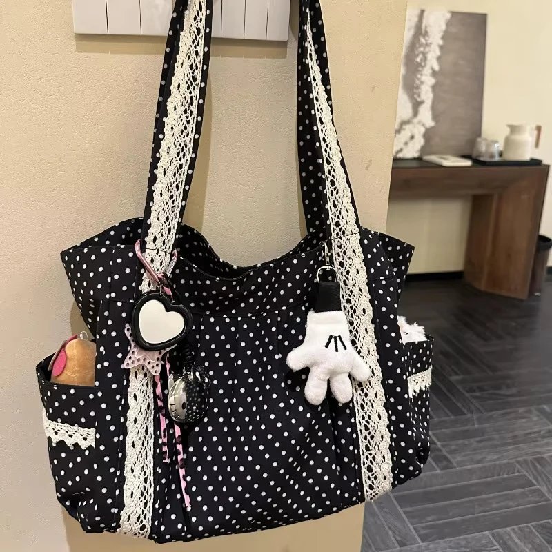 Korean Polka Dot Shoulder Bag For Women Retro Fashion Large Capacity Tote Bag Literary Work Commute Versatile Canvas Handbag Korean Polka Dot Shoulder Bag For Women Retro Fashion Large Capacity Tote Bag Literary Work Commute Versatile Canvas Handbag
