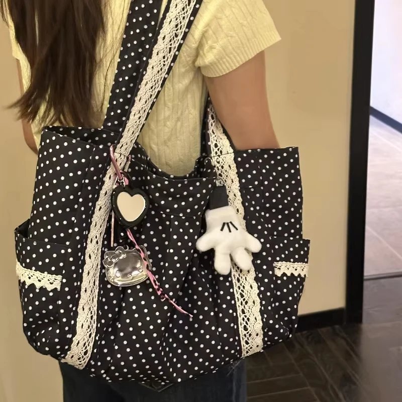 Korean Polka Dot Shoulder Bag For Women Retro Fashion Large Capacity Tote Bag Literary Work Commute Versatile Canvas Handbag Korean Polka Dot Shoulder Bag For Women Retro Fashion Large Capacity Tote Bag Literary Work Commute Versatile Canvas Handbag