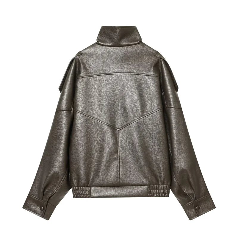Women's Jacket Fall 2025 New Black Long Sleeve Pebble Faux Leather Jacket Motorcycle Style Personality Fashion