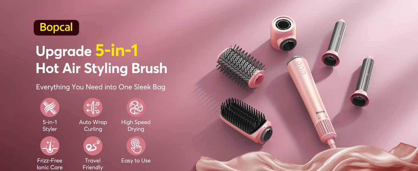 5 in 1 Hot Air Styler Wrap with Travel Bag- 1200W Professional High-Speed Hair Dryer Brush with Auto Wrap Curlers Fast Drying
