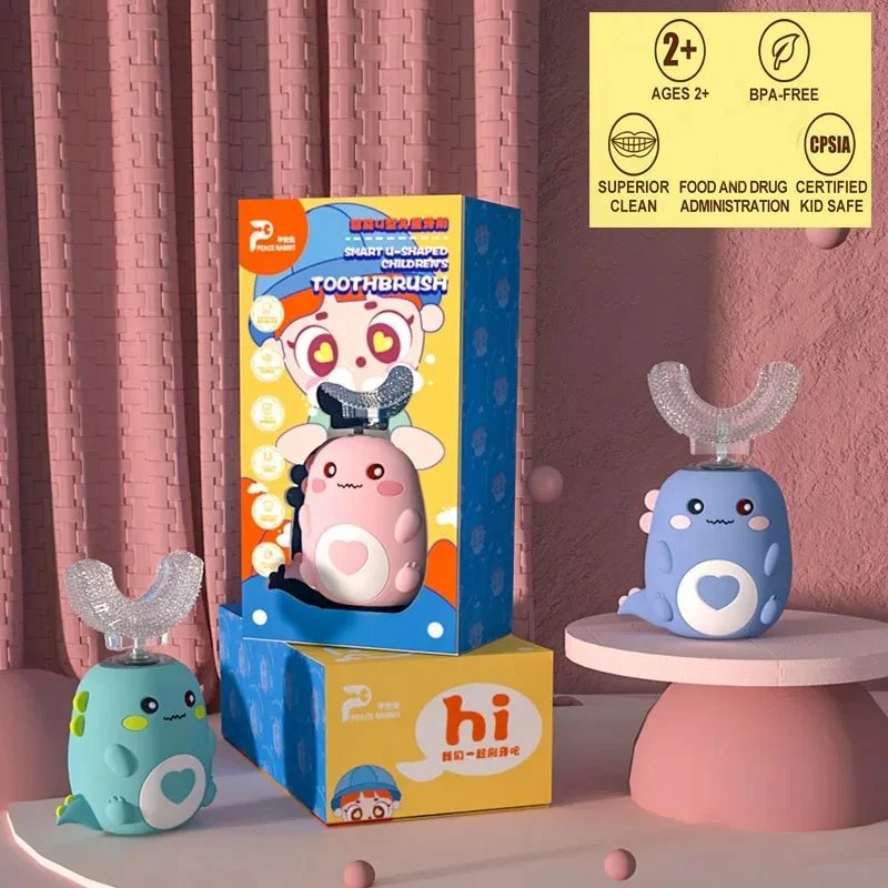 Children U-shaped Electric Toothbrush 360 Degrees Smart Cartoon Kids Silicone Toothbrush Automatic Rechargeable Sonic Toothbrush