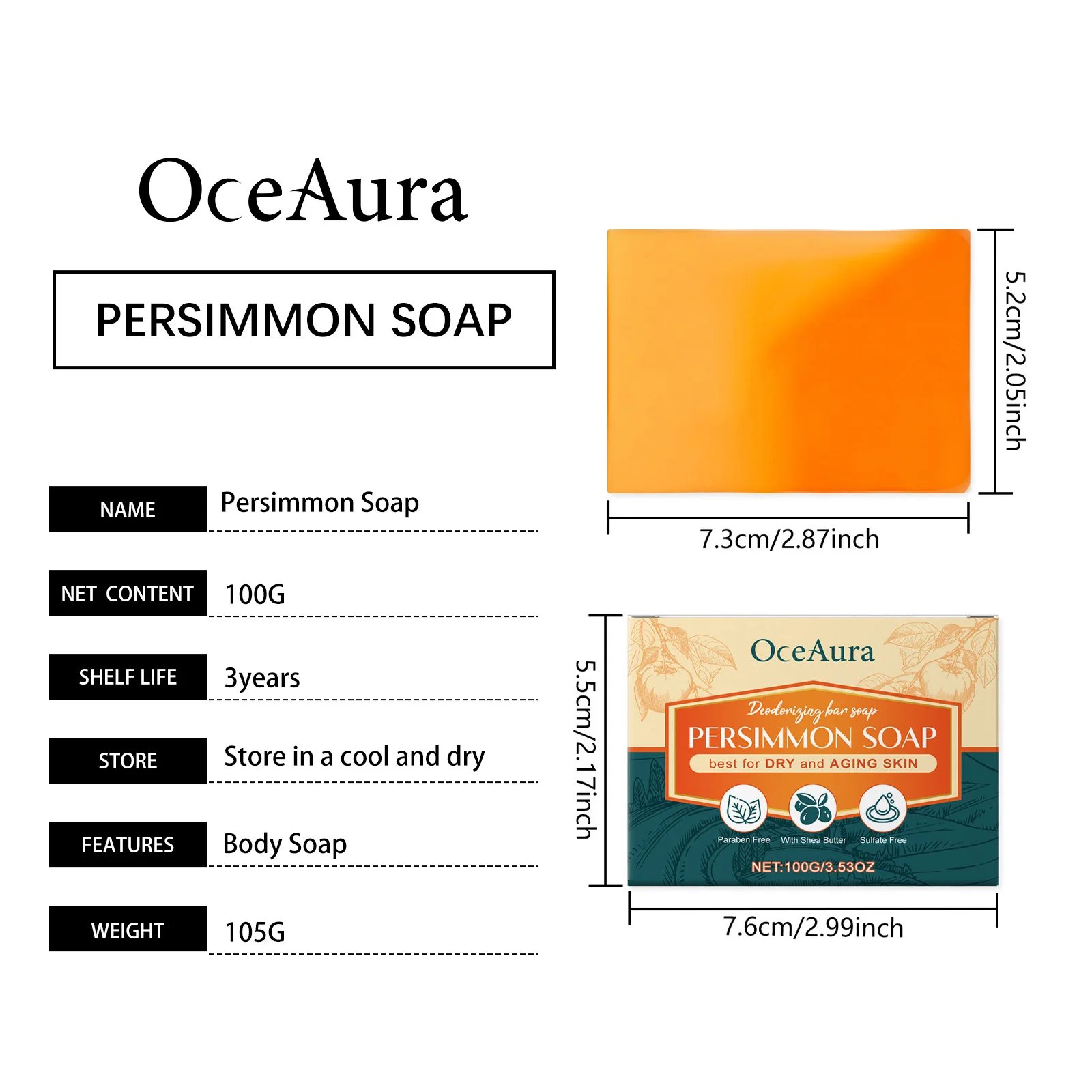 OceAura Persimmon Soap Bar for Body Odor Control Deodorant Professional Skin Cleaning Goat Milk Body Wash Persimmon Shower Gel OceAura Persimmon Soap Bar for Body Odor Control Deodorant Professional Skin Cleaning Goat Milk Body Wash Persimmon Shower Gel
