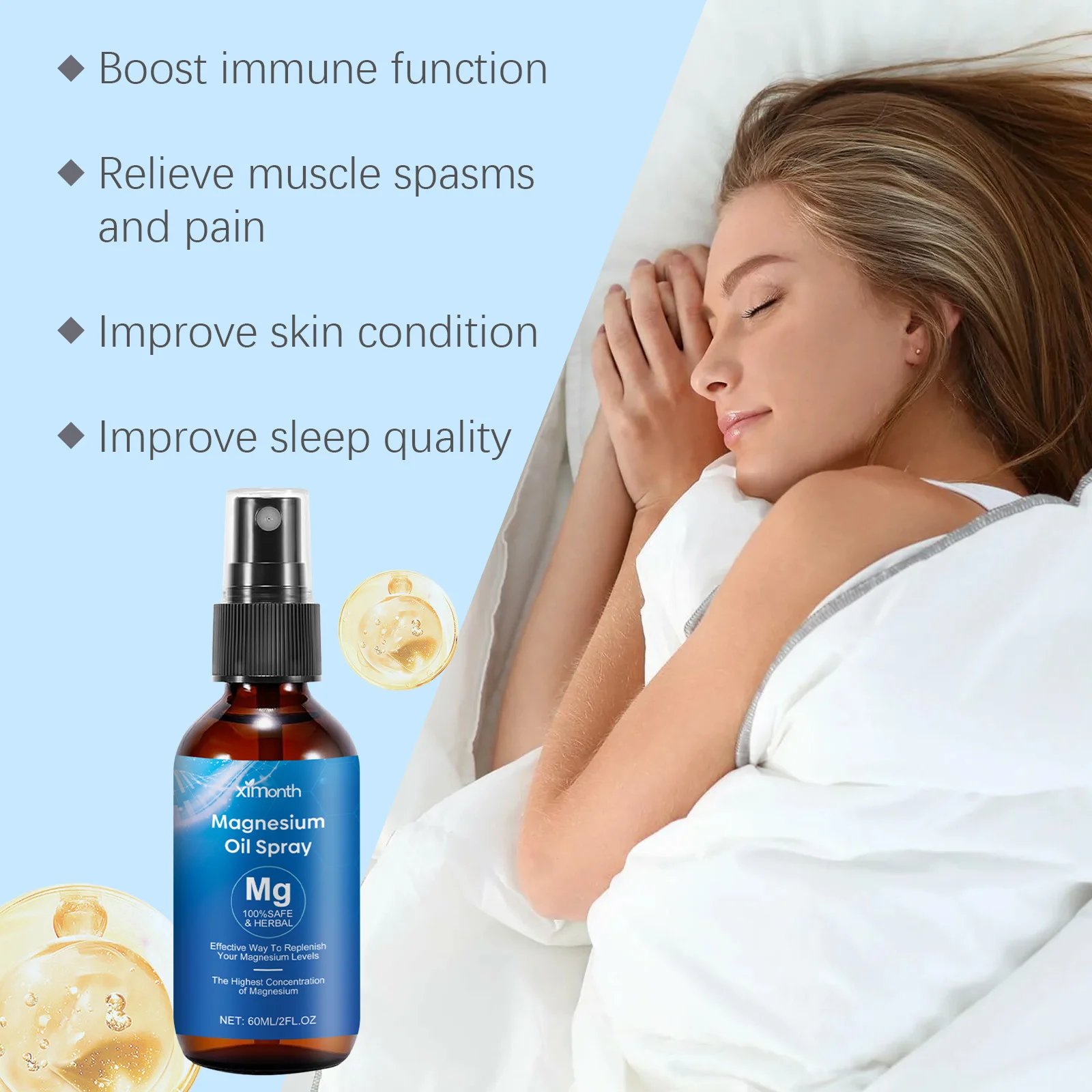 60ml Pure Magnesium Oil Spray Relieve Muscle Soreness Pain Mind Soothing Better Sleep Quality Deep Relaxation Body Health Care 60ml Pure Magnesium Oil Spray Relieve Muscle Soreness Pain Mind Soothing Better Sleep Quality Deep Relaxation Body Health Care