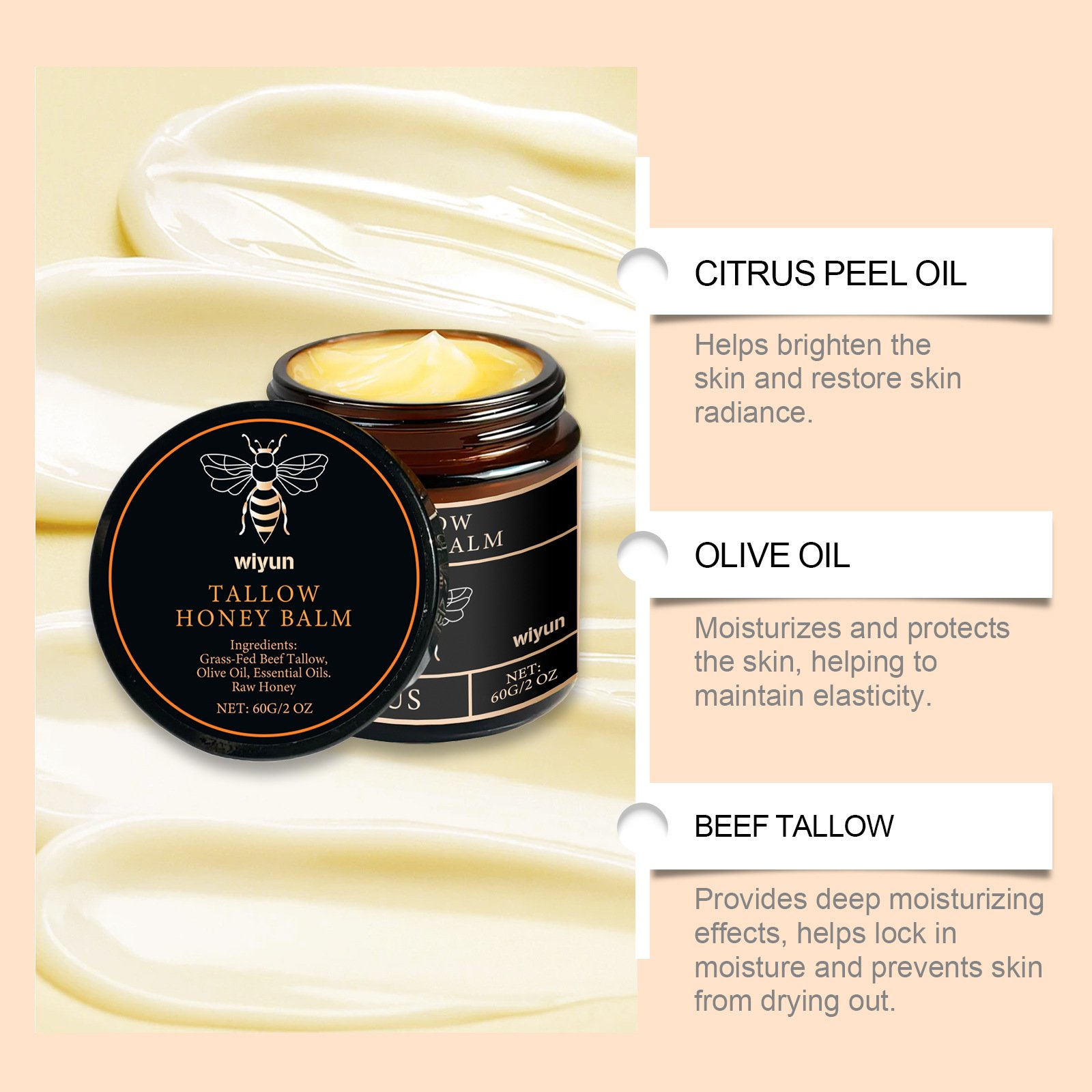 Organic Grass Fed Beef Tallow Balm Raw Honey Moisturizing Soft Improve Elasticity Long-Lasting Smooth Hydrating Cream Skin Care Organic Grass Fed Beef Tallow Balm Raw Honey Moisturizing Soft Improve Elasticity Long-Lasting Smooth Hydrating Cream Skin Care