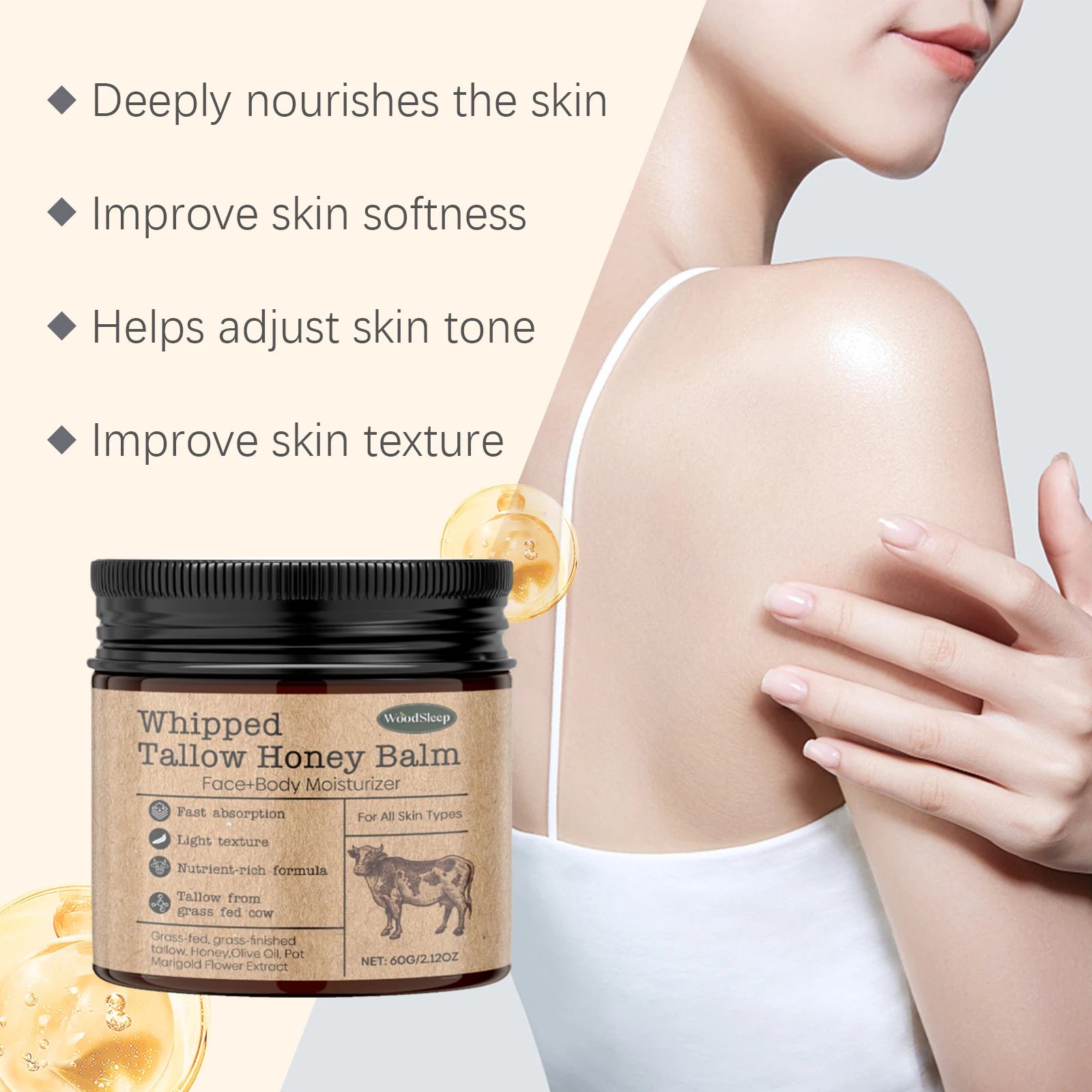 Whipped Beef Tallow Honey Balm Deeply Moisturizer Brightening Fast Absorption Grass Fed Grass Finished Face Cream Body Lotion Whipped Beef Tallow Honey Balm Deeply Moisturizer Brightening Fast Absorption Grass Fed Grass Finished Face Cream Body Lotion