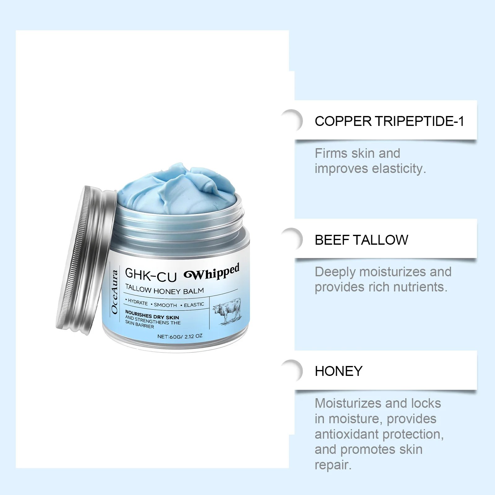 OceAura Whipped Tallow Honey Balm Ghk-Cu Firm Skin Elasticity Enhancement Strengthening Skin Barrier Repair Care Moisturizer 60g OceAura Whipped Tallow Honey Balm Ghk-Cu Firm Skin Elasticity Enhancement Strengthening Skin Barrier Repair Care Moisturizer 60g