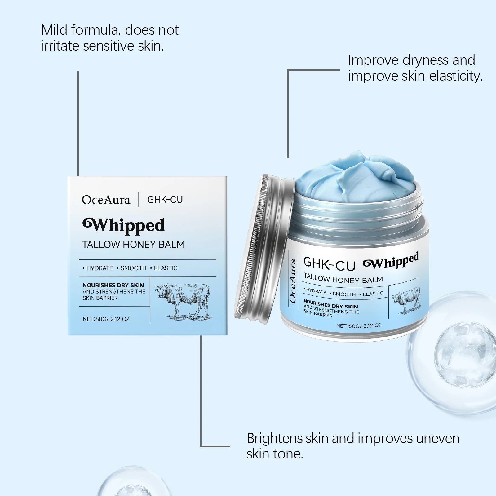 OceAura Whipped Tallow Honey Balm Ghk-Cu Firm Skin Elasticity Enhancement Strengthening Skin Barrier Repair Care Moisturizer 60g OceAura Whipped Tallow Honey Balm Ghk-Cu Firm Skin Elasticity Enhancement Strengthening Skin Barrier Repair Care Moisturizer 60g