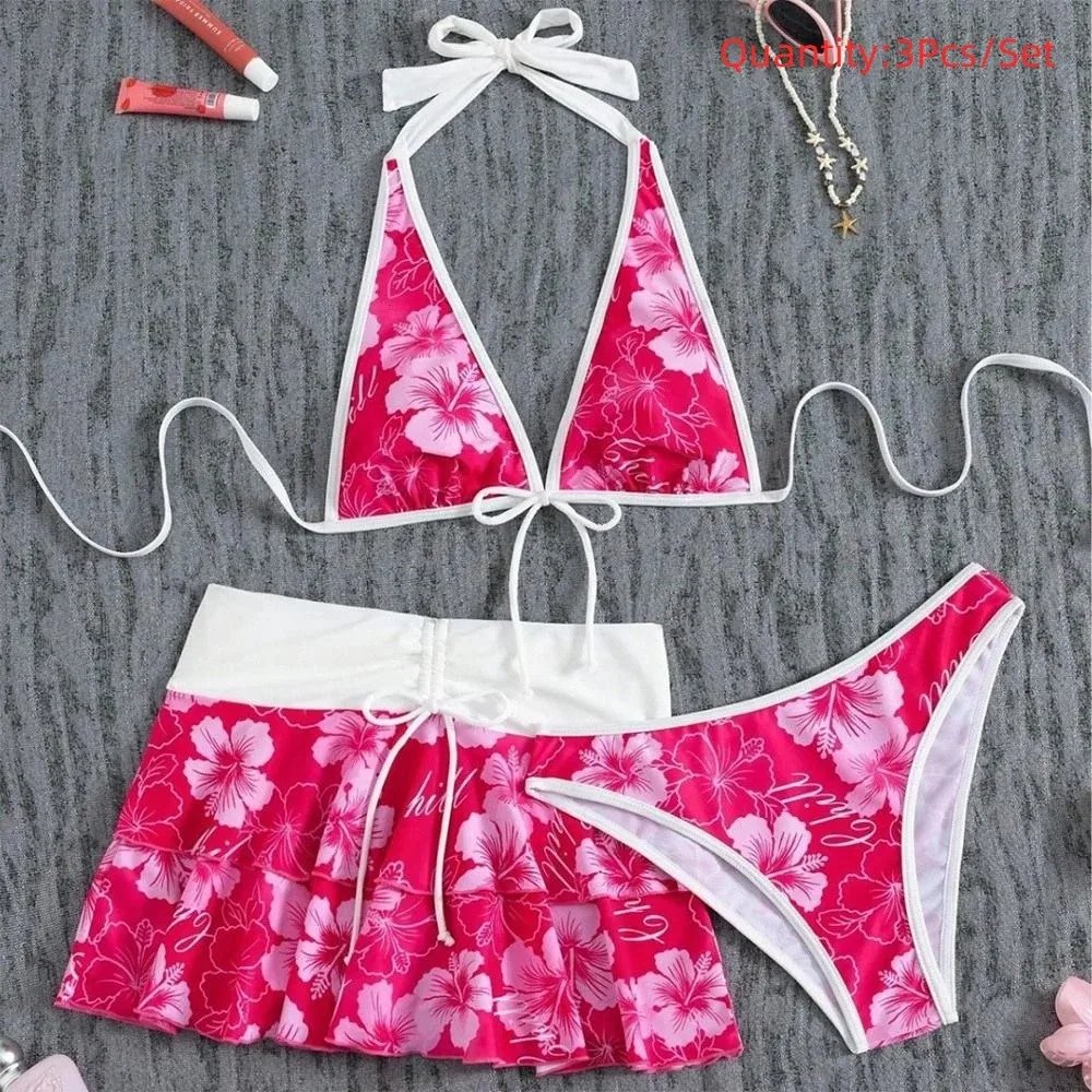 3Pcs/Set Fashion Summer Floral Swimsuit High-Waist Elegant Bikini Set Triangle Halter Cover Up Skirt Women Swimsuit Vacation 3Pcs/Set Fashion Summer Floral Swimsuit High-Waist Elegant Bikini Set Triangle Halter Cover Up Skirt Women Swimsuit Vacation