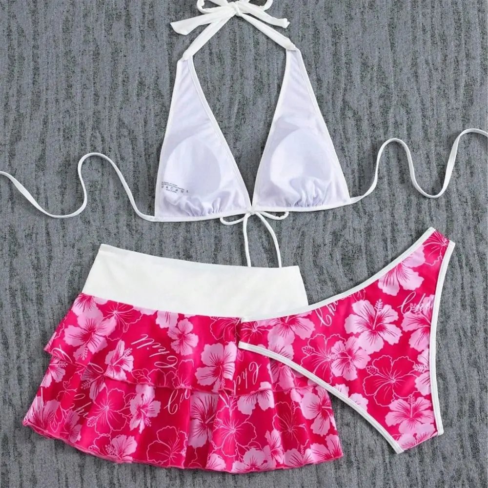 3Pcs/Set Fashion Summer Floral Swimsuit High-Waist Elegant Bikini Set Triangle Halter Cover Up Skirt Women Swimsuit Vacation 3Pcs/Set Fashion Summer Floral Swimsuit High-Waist Elegant Bikini Set Triangle Halter Cover Up Skirt Women Swimsuit Vacation
