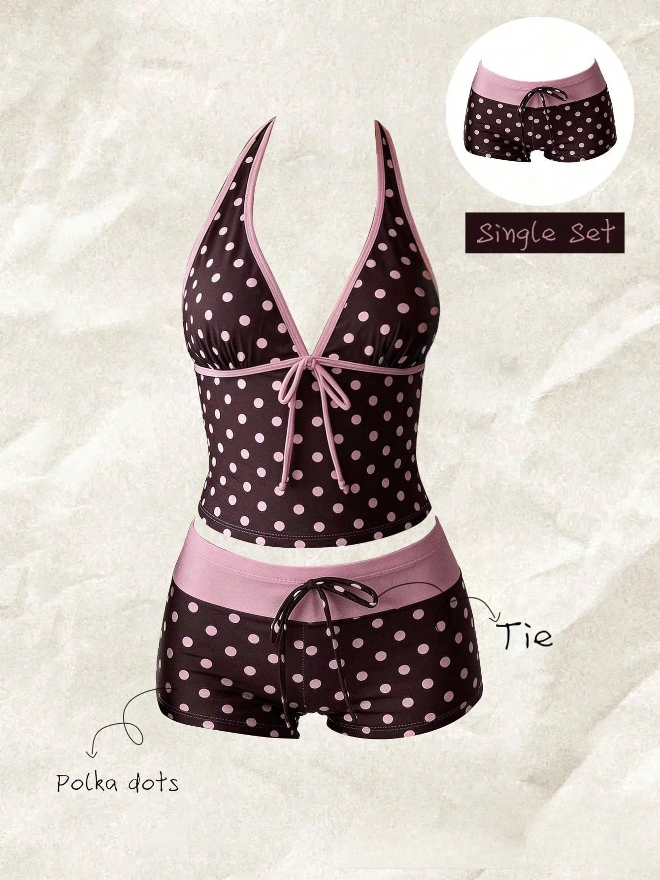 Women Swimwears Polka Dot 2-Piece Tankini Set Halter V Neck Front Tie Cami Top & Contrast Waistband Drawstring Swim Shorts
