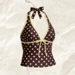 Women Swimwears Polka Dot 2-Piece Tankini Set Halter V Neck Front Tie Cami Top & Contrast Waistband Drawstring Swim Shorts - Image 4