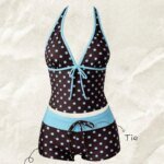 Women Swimwears Polka Dot 2-Piece Tankini Set Halter V Neck Front Tie Cami Top & Contrast Waistband Drawstring Swim Shorts - Image 2