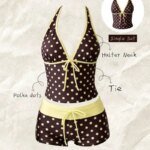 Women Swimwears Polka Dot 2-Piece Tankini Set Halter V Neck Front Tie Cami Top & Contrast Waistband Drawstring Swim Shorts - Image 3