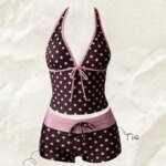 Women Swimwears Polka Dot 2-Piece Tankini Set Halter V Neck Front Tie Cami Top & Contrast Waistband Drawstring Swim Shorts