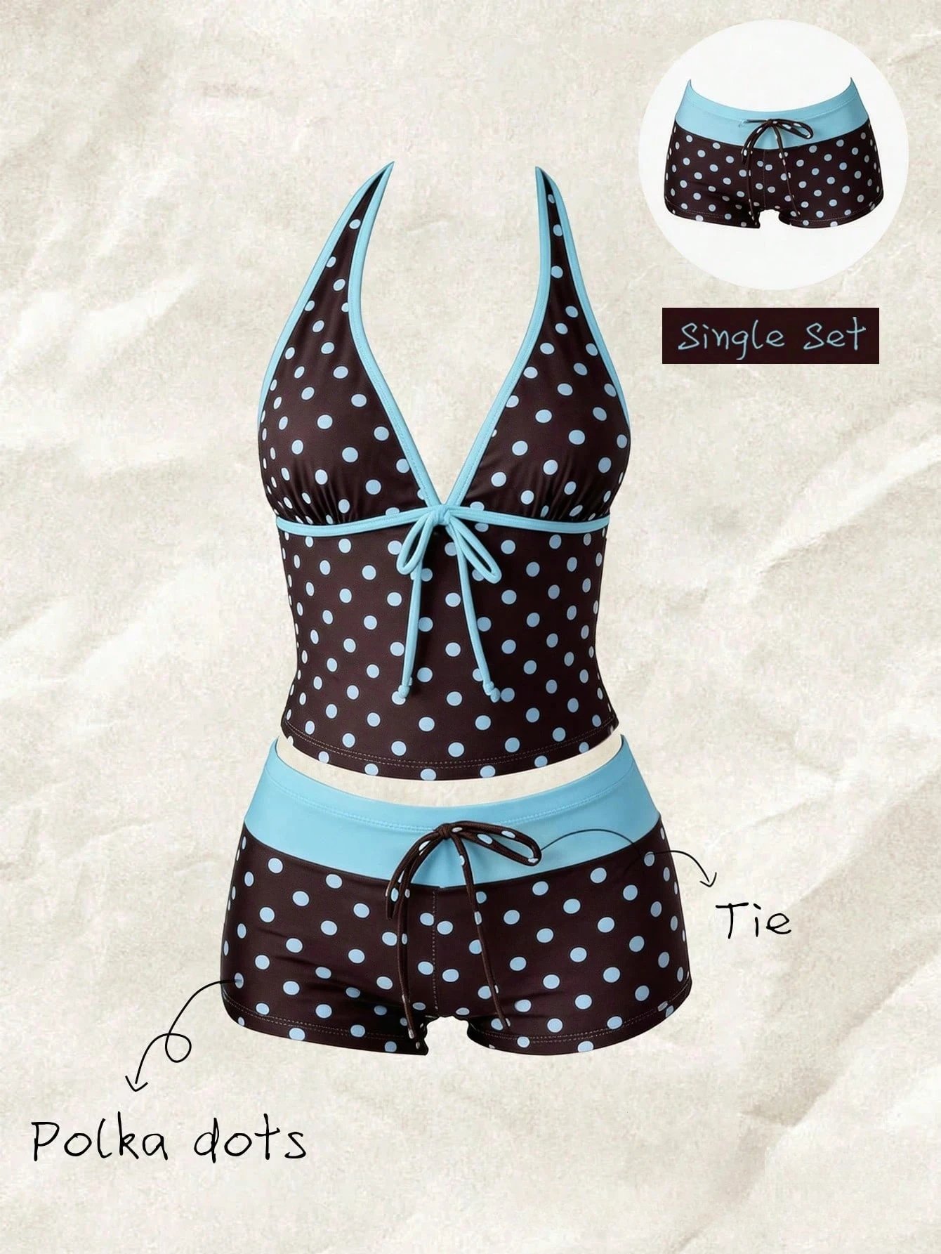 Women Swimwears Polka Dot 2-Piece Tankini Set Halter V Neck Front Tie Cami Top & Contrast Waistband Drawstring Swim Shorts