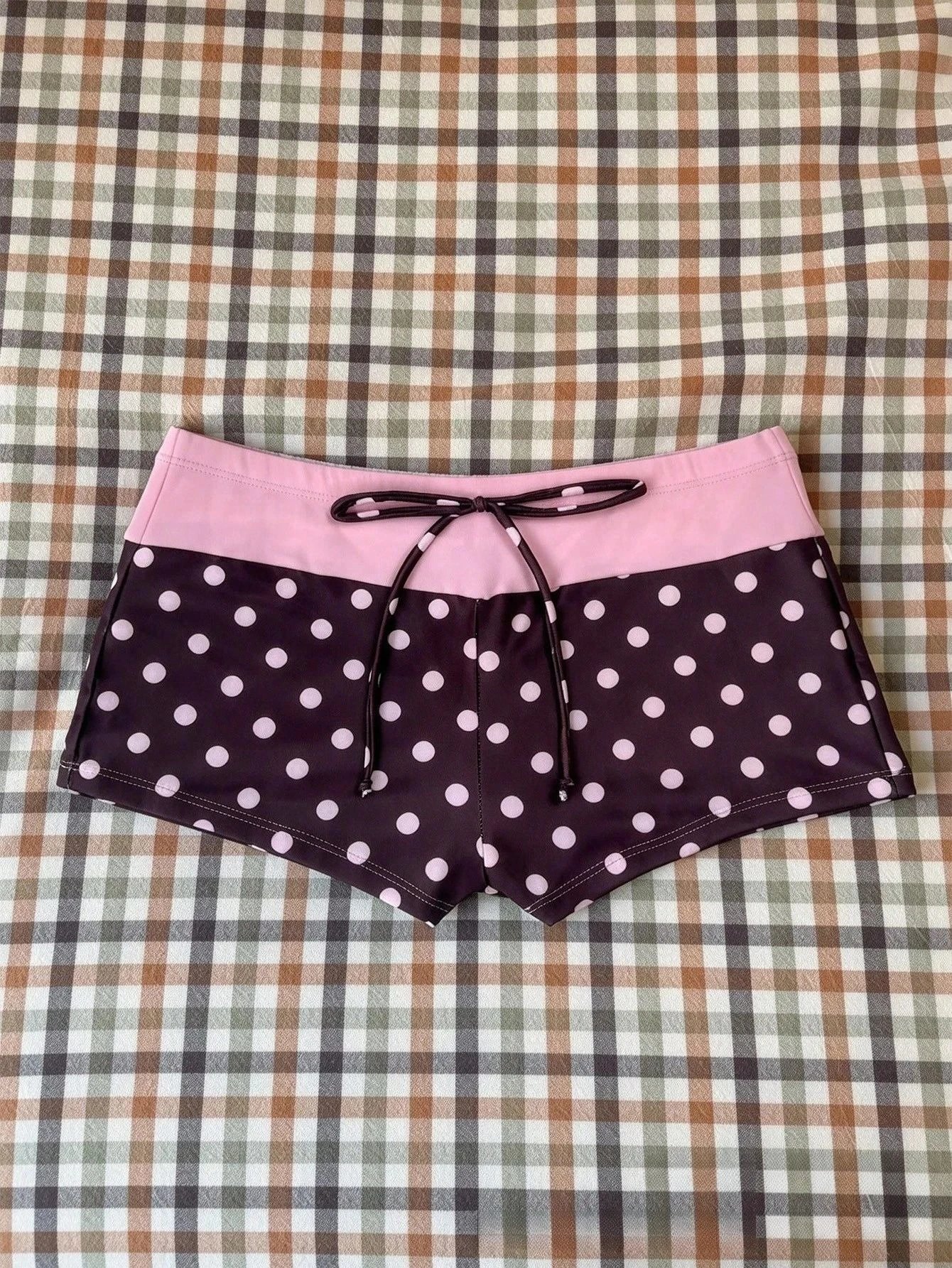 Women Swimwears Polka Dot 2-Piece Tankini Set Halter V Neck Front Tie Cami Top & Contrast Waistband Drawstring Swim Shorts
