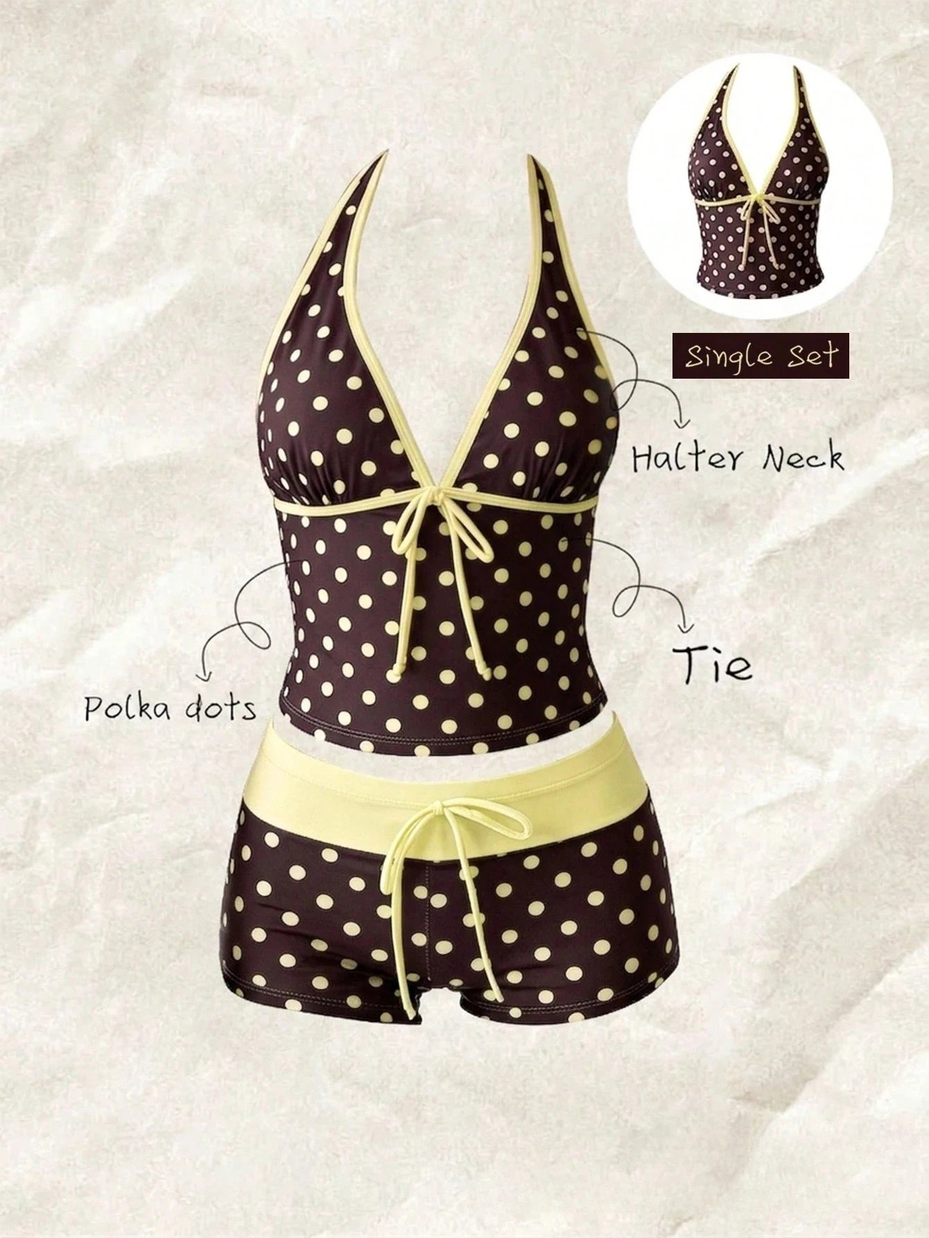Women Swimwears Polka Dot 2-Piece Tankini Set Halter V Neck Front Tie Cami Top & Contrast Waistband Drawstring Swim Shorts