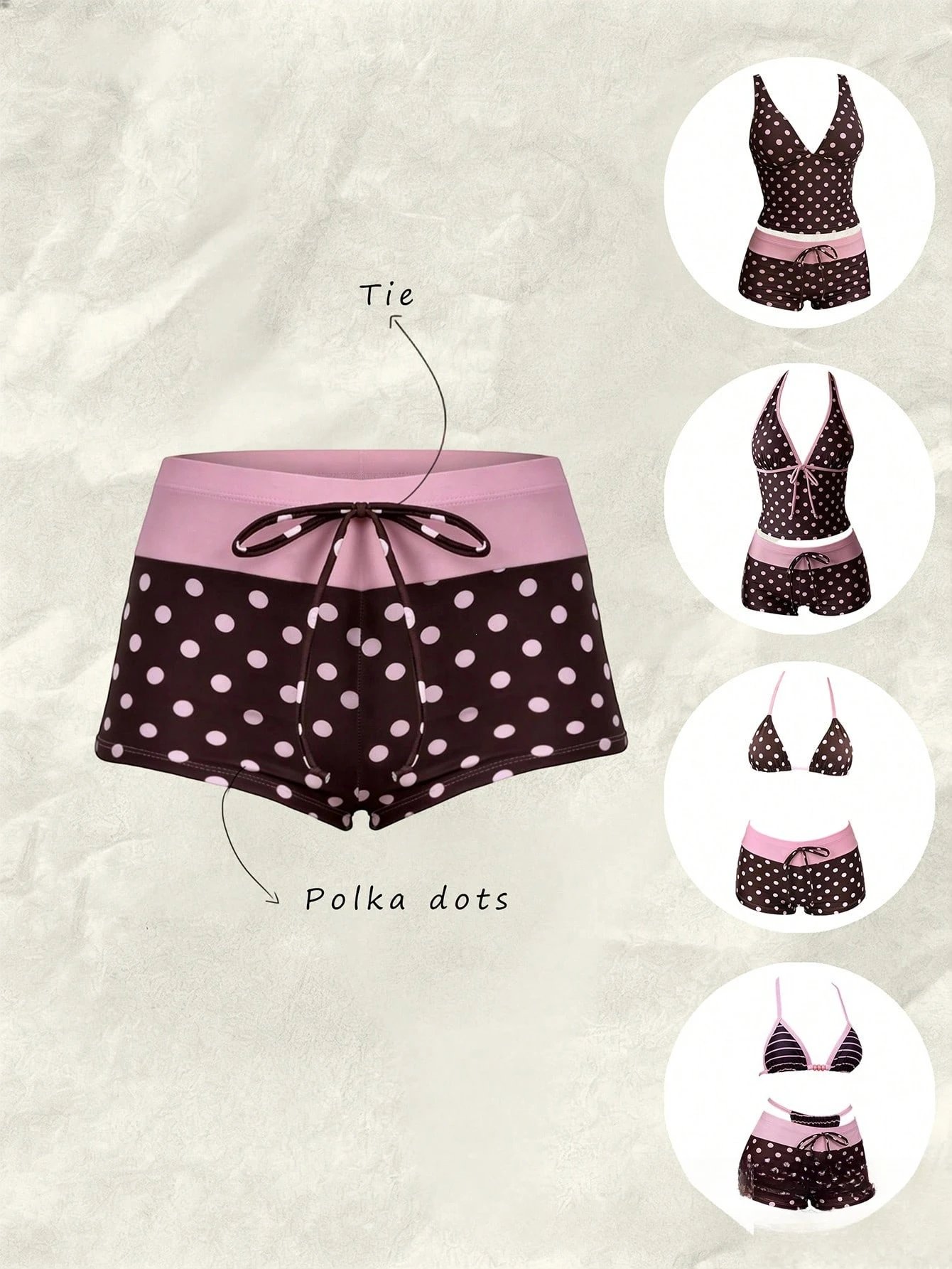 Women Swimwears Polka Dot 2-Piece Tankini Set Halter V Neck Front Tie Cami Top & Contrast Waistband Drawstring Swim Shorts