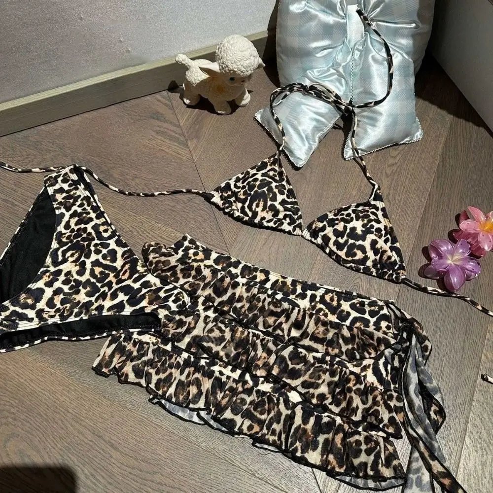 Fashion Leopard Print Women Swimsuit Padded 3-Piece Set Bikini Set Push Up Sexy Swimsuit Beach Vacations