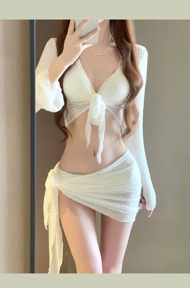Women's Long Sleeve Knit Bikini Set, Pure Sexy Push-Up Swimsuit with Cover-Up, Elegant Resort Swimwear for Vacation Beach