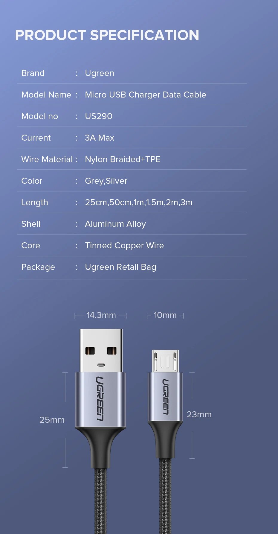 Ugreen Micro USB Cable 2A Nylon Fast Charging USB Cable for Samsung Xiaomi HTC USB Charger Data Cable Mobile Phone Cable