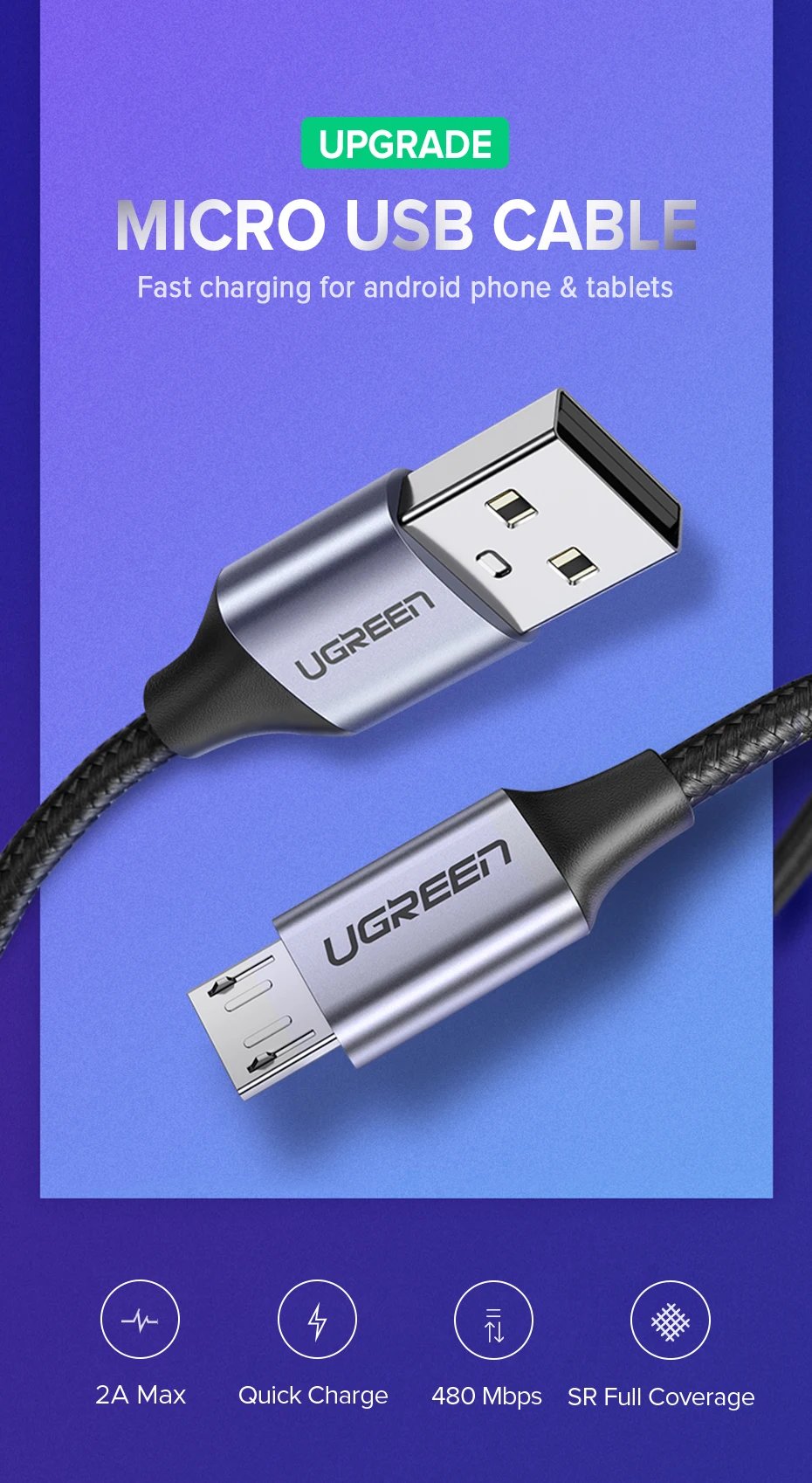 Ugreen Micro USB Cable 2A Nylon Fast Charging USB Cable for Samsung Xiaomi HTC USB Charger Data Cable Mobile Phone Cable