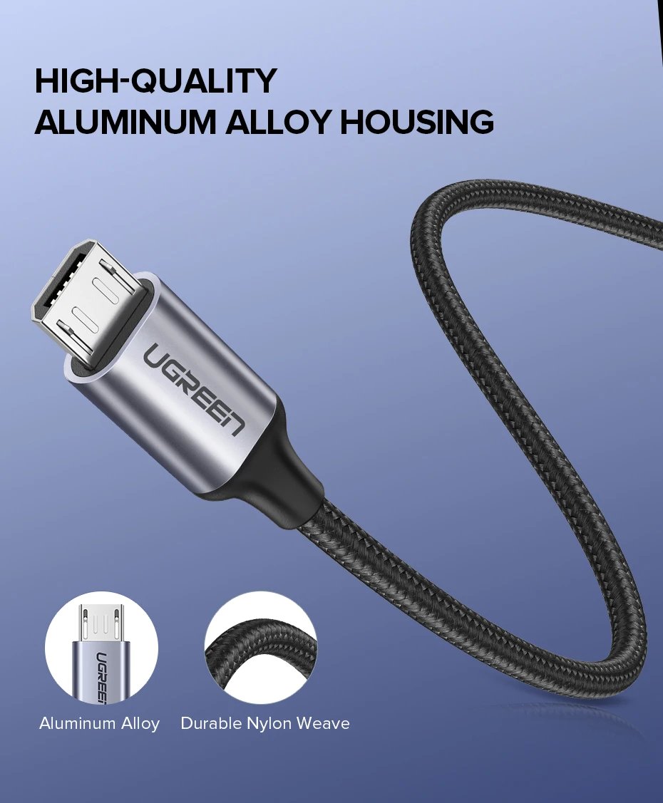 Ugreen Micro USB Cable 2A Nylon Fast Charging USB Cable for Samsung Xiaomi HTC USB Charger Data Cable Mobile Phone Cable