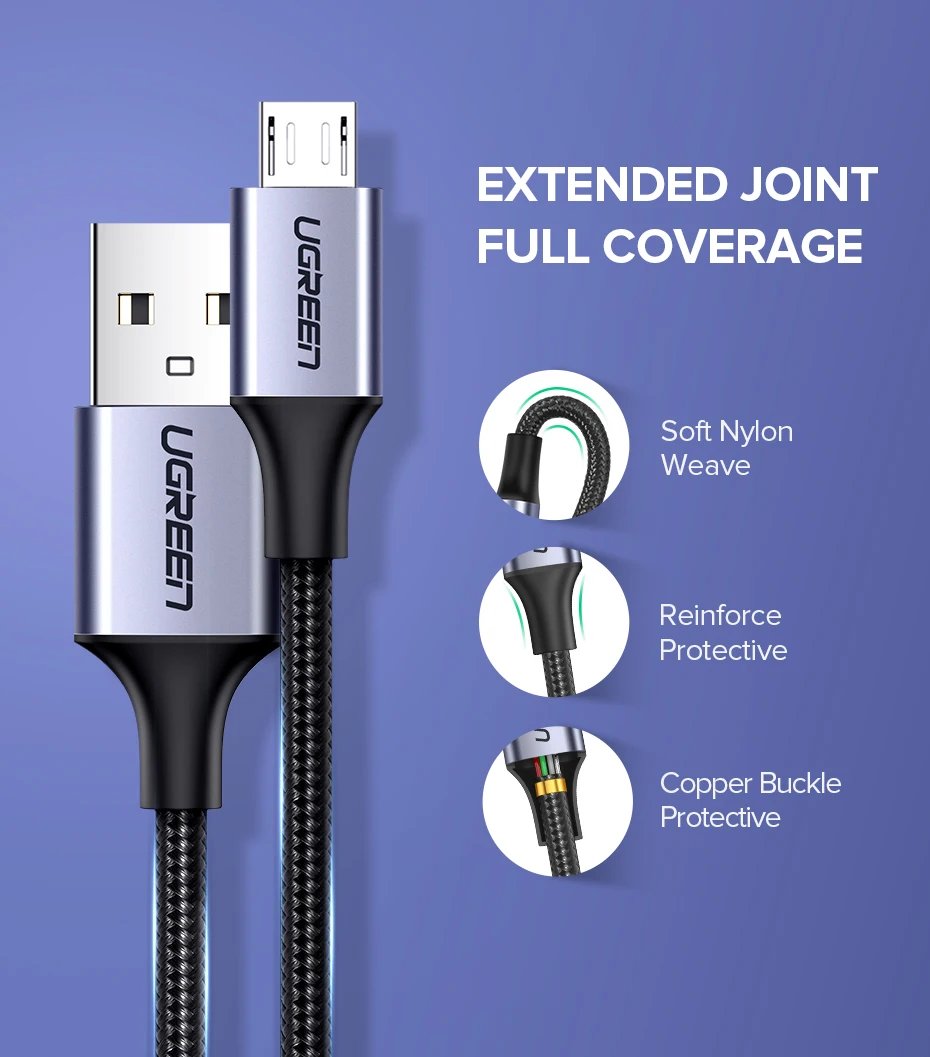 Ugreen Micro USB Cable 2A Nylon Fast Charging USB Cable for Samsung Xiaomi HTC USB Charger Data Cable Mobile Phone Cable