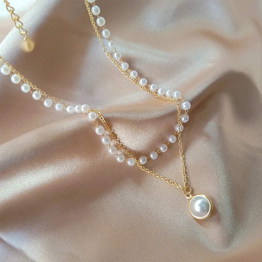 Pearl Choker Necklace Cute Double Layer Chain Pendant For Women Jewelry Girl Gift