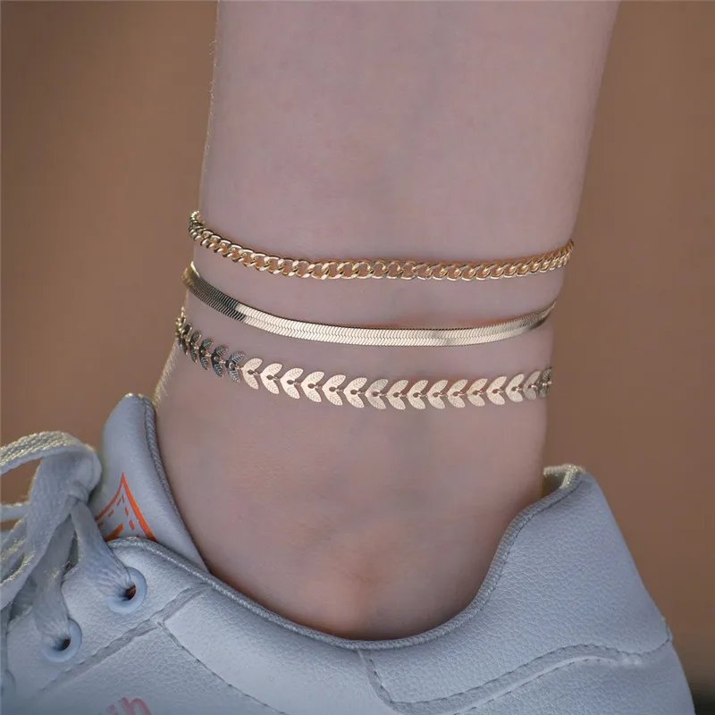 3pcs/set Gold Color Simple Chain Anklets For Women Beach Foot Jewelry Leg Chain Ankle Bracelets Women Accessories