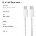 240W USB C to C Charger Cable Type C Fast Charging Braided PD Cable for lPhone 15 16 17E 17 Max lPad Air MacBook Pro ASUS DELL - Image 6
