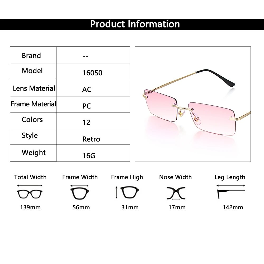 Fashion Rectangle Rimless Sunglasses Luxury Design Women Unisex Retro Gradient Glasses Eyeglasses UV400 Streetwear Accessories