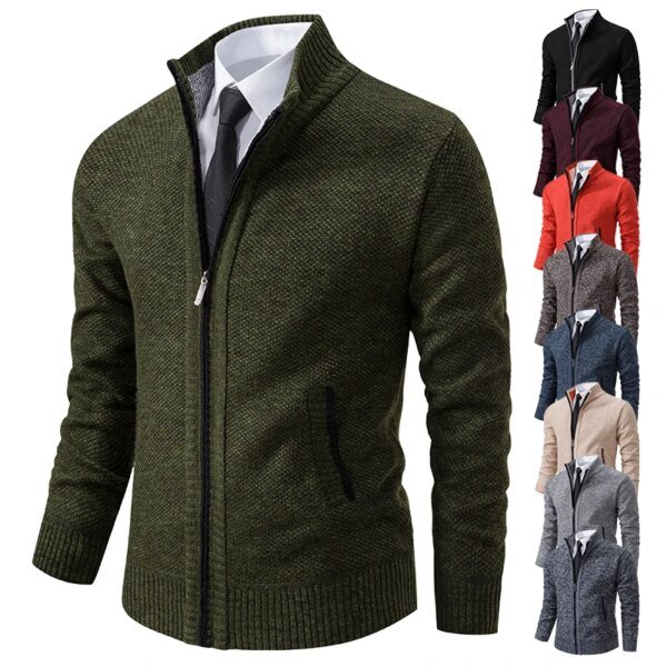 Men's Casual Sports Coat Solid Color Stand Collar sweater Grab Fleece Warm Zipper Cardigan